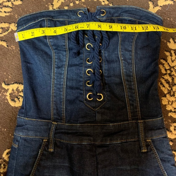 Bebe Lace-up Distressed Denim Strapless Jumpsuit - Picture 6 of 12